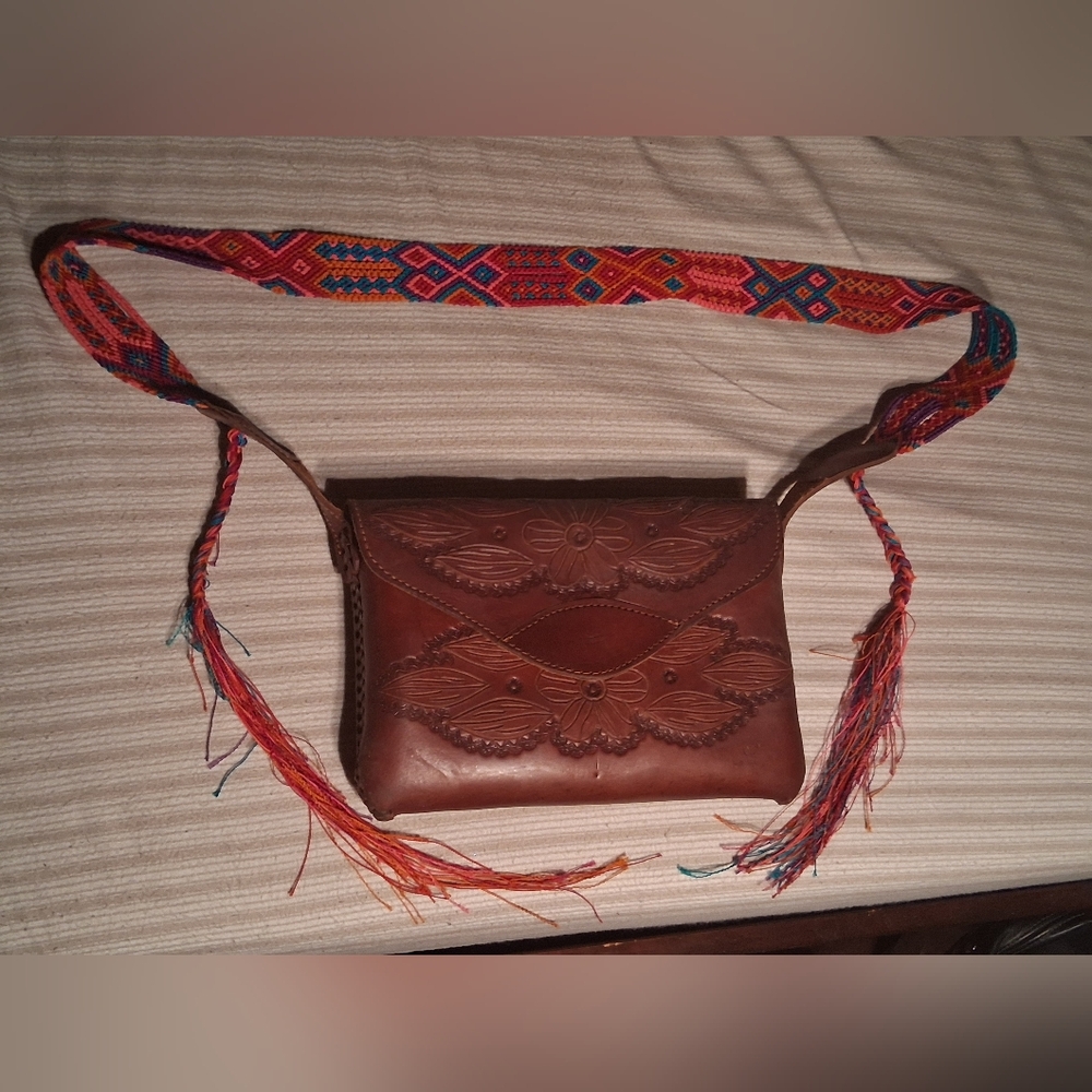 Brown Embossed Leather Bag with Colorful Strap